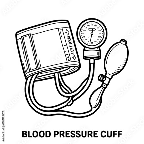 Medical Blood Pressure Cuff with Gauge and Bulb for Measurement.