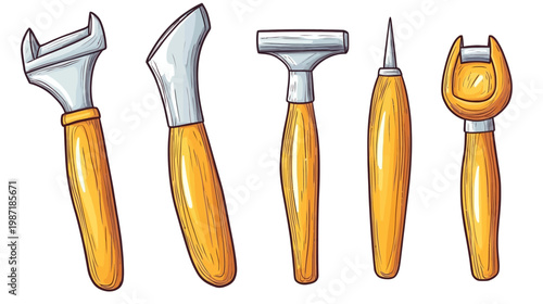 Illustration of five different leatherworking tools with steel blades and wooden handles