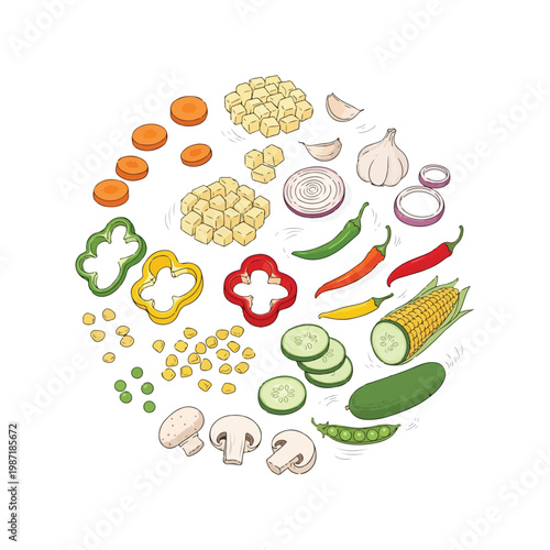 Flat Vector Collection of Sliced Garden Vegetables: Chili, Garlic, Onion Rings, and Corn Doodles.