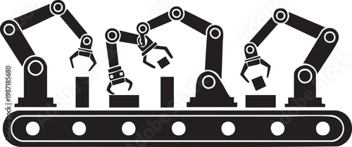 Industrial robotic arms, manufacturing robots, assembly line automation, black and white vector
