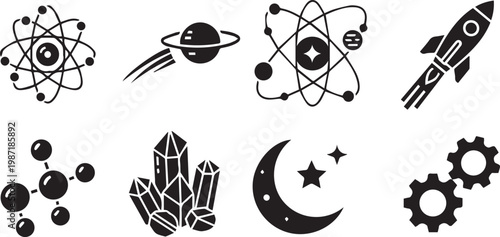 Science and Space Icons Set - Atom, Rocket, and Planet Silhouettes