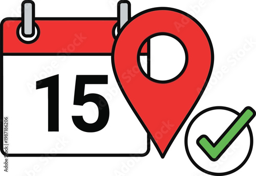 Calendar Date Marked with Location Pin and Checkmark Icon - Planning and Scheduling Concept