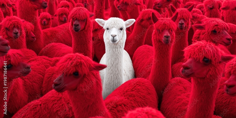 Fototapeta premium A single white alpaca stands out amongst a large herd of red alpacas