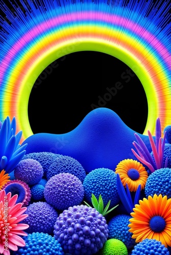 surreal landscape with a rainbow and a black sun