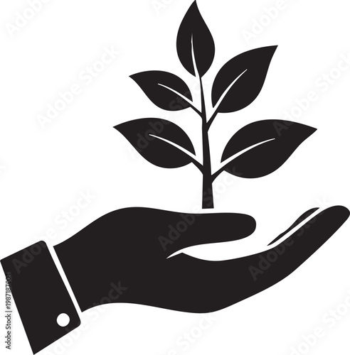 Eco friendly hand holding plant, green growth symbol, environmental care icon, sustainable vector