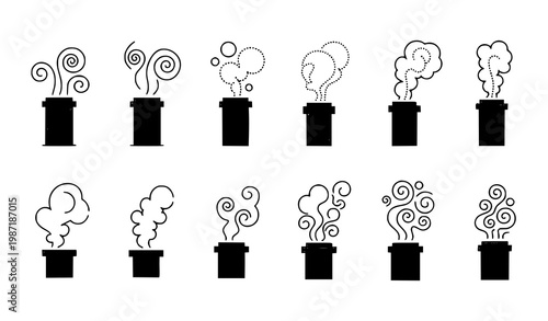 Chimney smoke line art icon set with minimal color accents and creative smoke flow variations vector collection