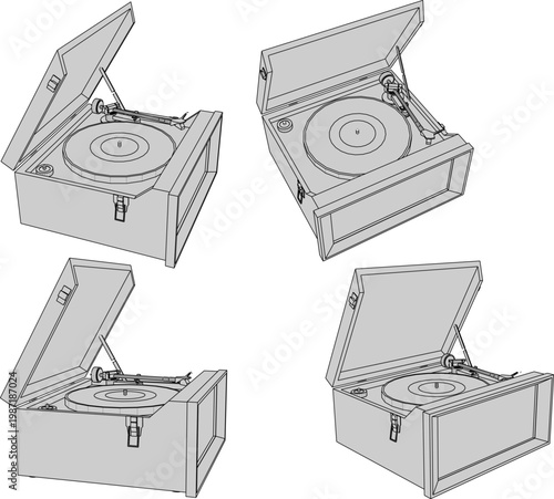 Foto 3d vector illustration design of VINTAGE CLASSICAL OLD MUSIC PLAYER WITH RECORDS