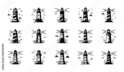 Lighthouse line art icon collection in circular layout with minimal color accents and maritime theme vector set