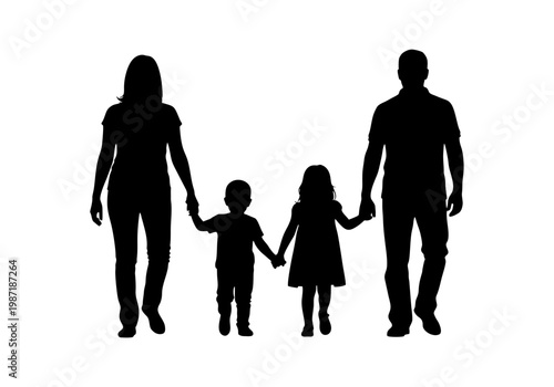 Black silhouette of a family with two children holding hands