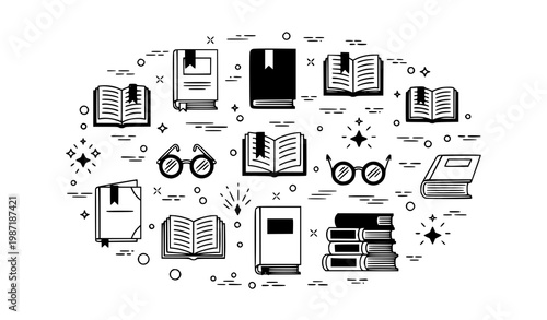 Fiction novels icon set with creative literature storytelling and modern line art book illustration collection