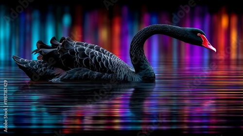 Black swan with effectful light in the background.