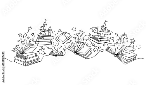 Continuous line fiction novel illustration with abstract storytelling imagination and creative literary concept vector design