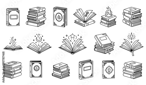 Fiction novels line art vector set with creative storytelling books and literature illustration designs collection