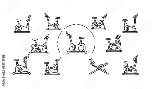 Stationary bike icon set with fitness cycling machines and modern exercise equipment line art vector collection