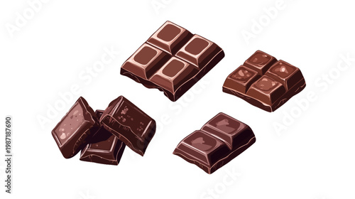 Digitally created illustration of multiple pieces of chocolate on a white background