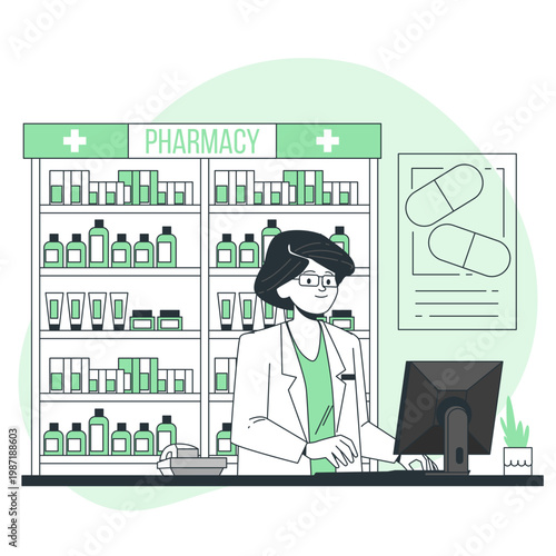 Pharmacist working at a pharmacy counter with medicine shelves in the background
