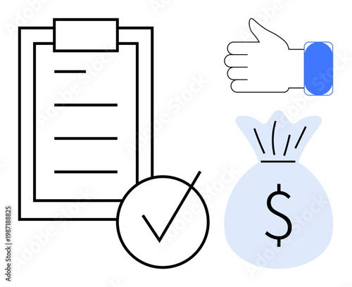 Business planning, financial approval, budgeting, investment strategies, decision-making, personal finance. Checklist, money bag with dollar sign and thumbs-up icon. Financial approval and budgeting