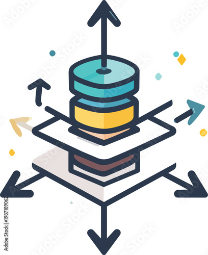 A colorful illustration of stacked disks with arrows pointing in multiple directions
