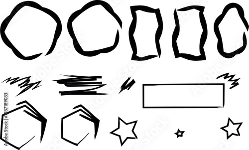A collection of hand drawn black shapes and symbols on a white background