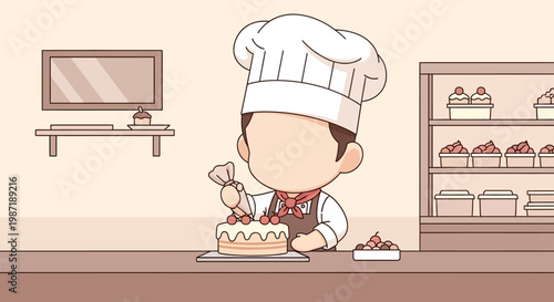 Cute chibi chef character decorating cake with icing in bakery shop, little baker mascot, pastry shop concept, culinary hobby illustration.