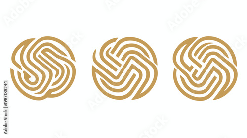Three stylized, circular designs each featuring interwoven, curved lines in a warm, muted gold color