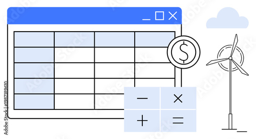 Renewable energy finance, sustainable investments, green economy, budgeting tools, clean energy, economic growth. Spreadsheet, currency symbol calculator signs wind turbine. Renewable energy