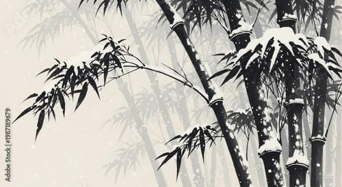 A traditional, minimalist Sumie painting of bamboo in a snowstorm
