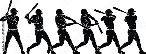 A baseball player in various stages of swinging a bat in a vector graphic illustration showing preparation, load, contact, and follow through