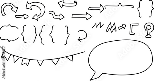 A collection of various hand-drawn arrows and speech bubbles on a white background