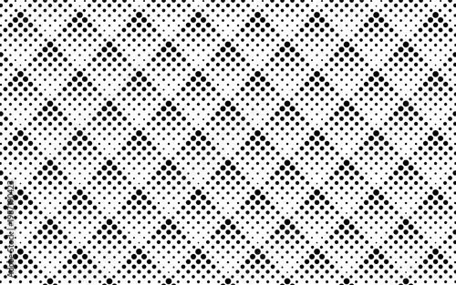 Black and white diagonal grid pattern with overlapping diamond shapes and halftone texture.