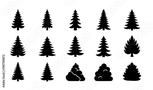 Minimal pine tree silhouette set vector conifer forest icons black simple collection