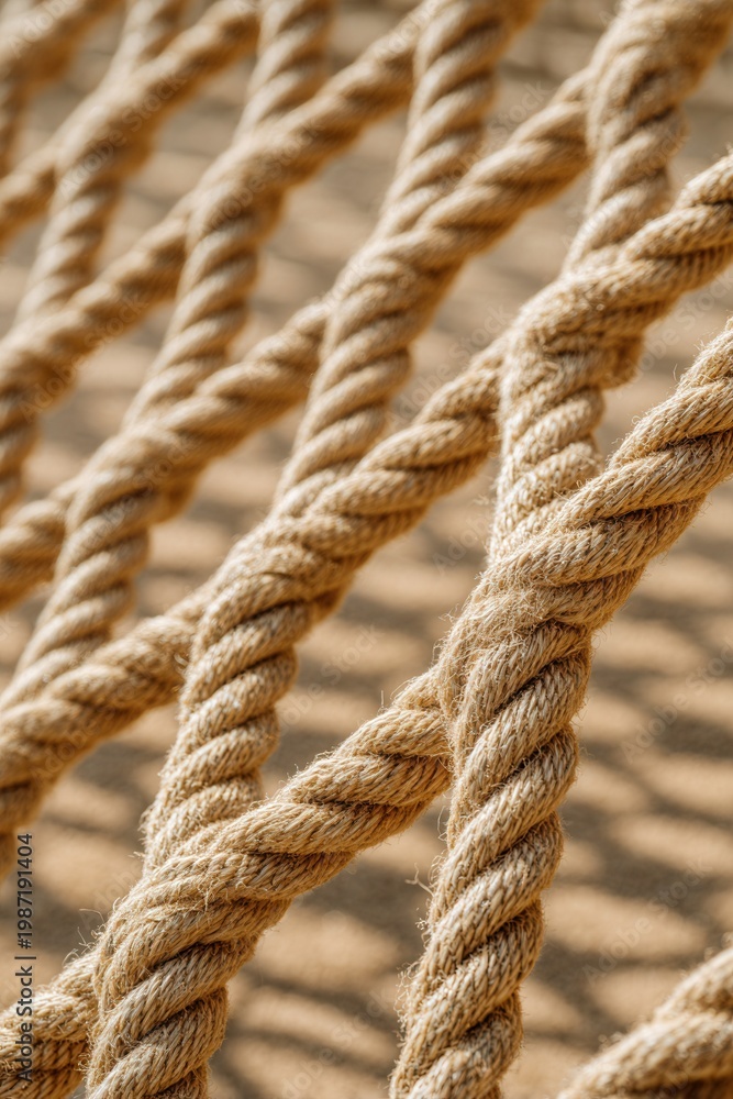 Fototapeta premium Close up of thick natural rope net texture with knots and fibers marine nautical background