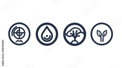 Four circular icons globe, water droplet, tree, and sprout, representing environment and sustainability