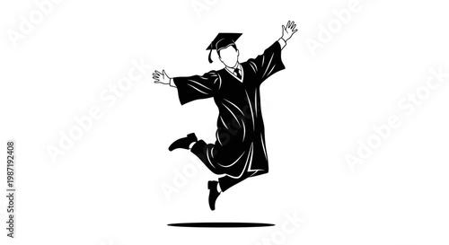 Young Adult Wearing Graduation Gown Jumping.