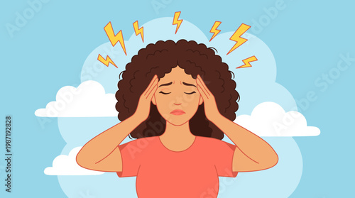 Stressed woman suffering from burnout in a flat vector illustration for remote work on blue sky.