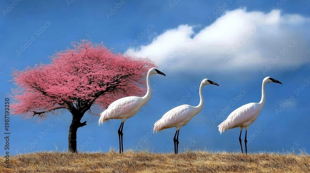 Naklejka premium Elegant Cranes by Pink Blossom Tree Under Clear Blue Sky