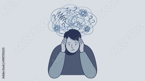 Stressed employee suffering from burnout with messy thoughts, a blue minimalist hybrid work concept.