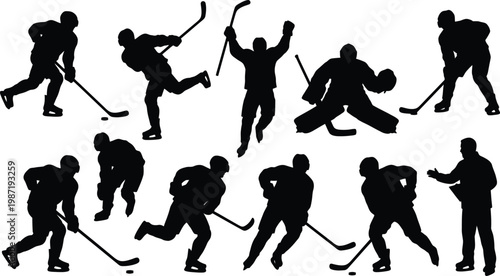 Ice hockey players in various poses and movements with sticks and puck
