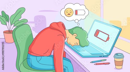 Tired employee slumping over a laptop in a pastel home office, showing burnout and remote work stress.