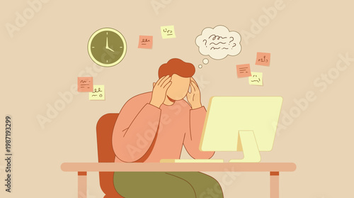 Stressed employee experiencing burnout at a computer desk in a warm-toned remote office illustration.