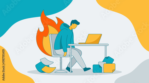 Exhausted remote worker suffering from burnout at a desk with fire in a flat vector style.