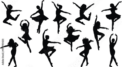 Vector graphic illustration of dancing women in various poses and movements