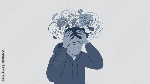 Stressed remote worker in a hoodie suffering from burnout, minimalist blue illustration on grey.