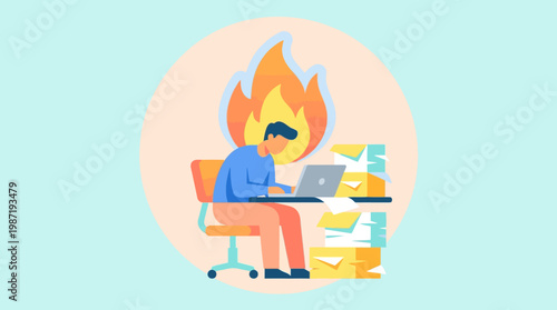 Stressed remote employee experiencing burnout while working at a laptop in a blue flat illustration.