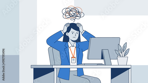 Stressed woman at desk clutching head in burnout, minimalist blue vector office illustration.