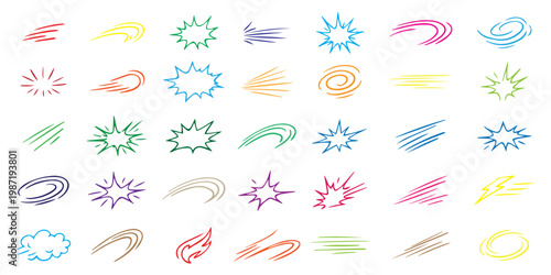Hand drawn comic motion effects icon set vector, doodle speed lines, swirls, bursts and impact elements, colorful sketch style for action, highlights and cartoon design .