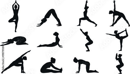 Various yoga poses for flexibility and strength in vector illustration