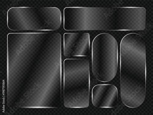 Collection of classic transparent glass plates with white glossy edges and frosted texture for web interface design