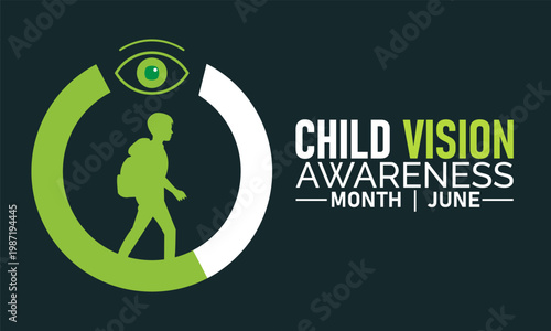 Child vision awareness month june with walking silhouette and eye icon, eye care