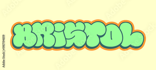 Bristol UK Graffiti Throw Up Bubble Lettering with Drip Effect Isolated on Yellow Background for Urban Street Art Design
